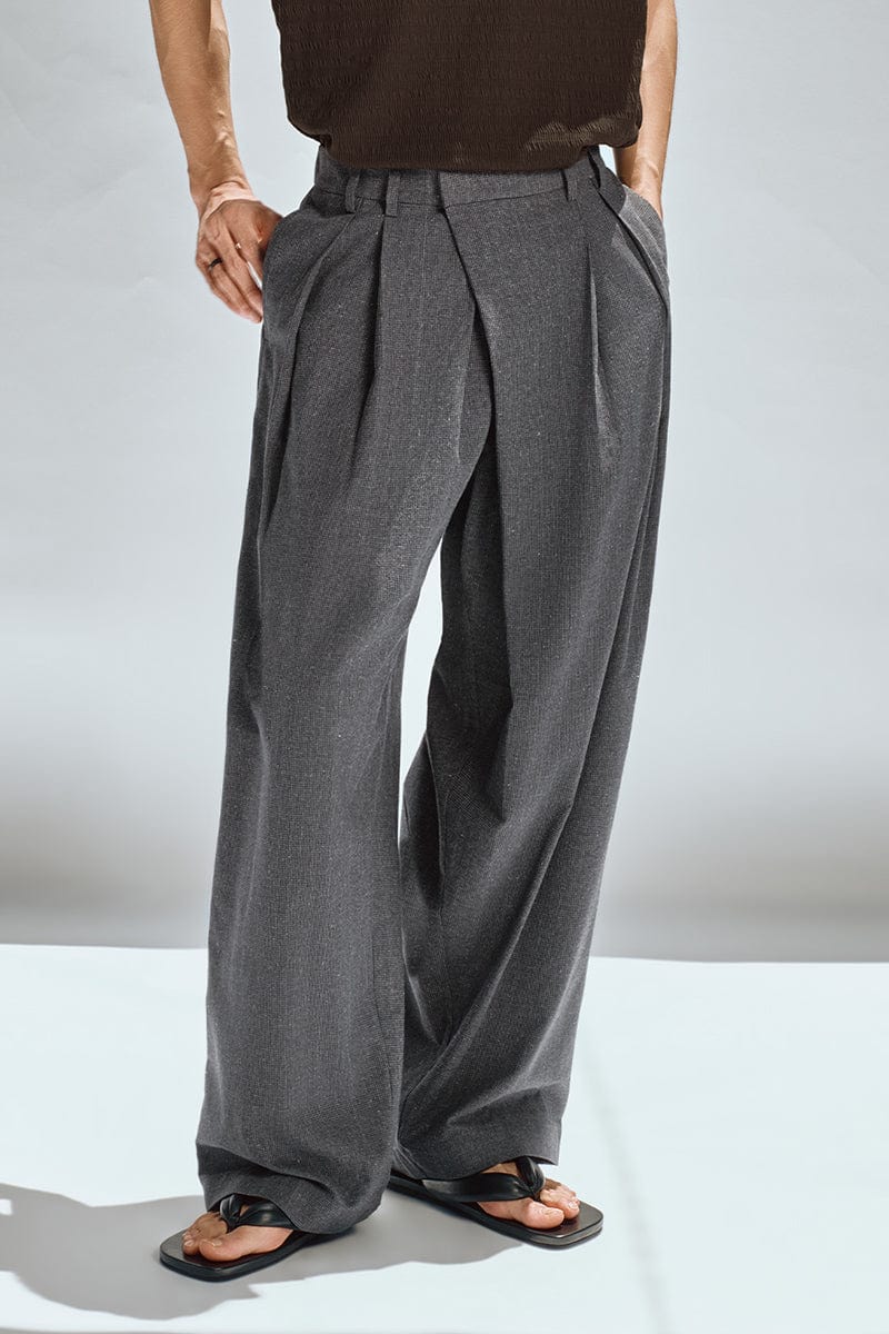 OPICLOTH Asymmetric Pleated Linen-Blend Micro Check Pants-Pants-XS-Free Shipping Leatheretro