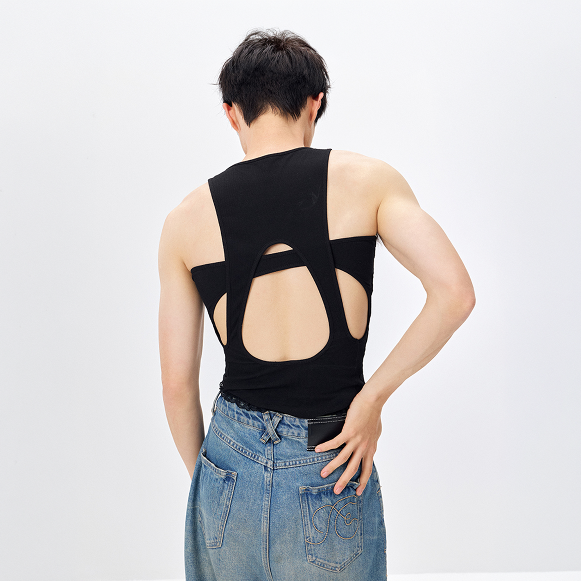 TUIMU Back Cut-Out Ribbed Tank Top Black-Tank Top-One Size-Free Shipping Leatheretro