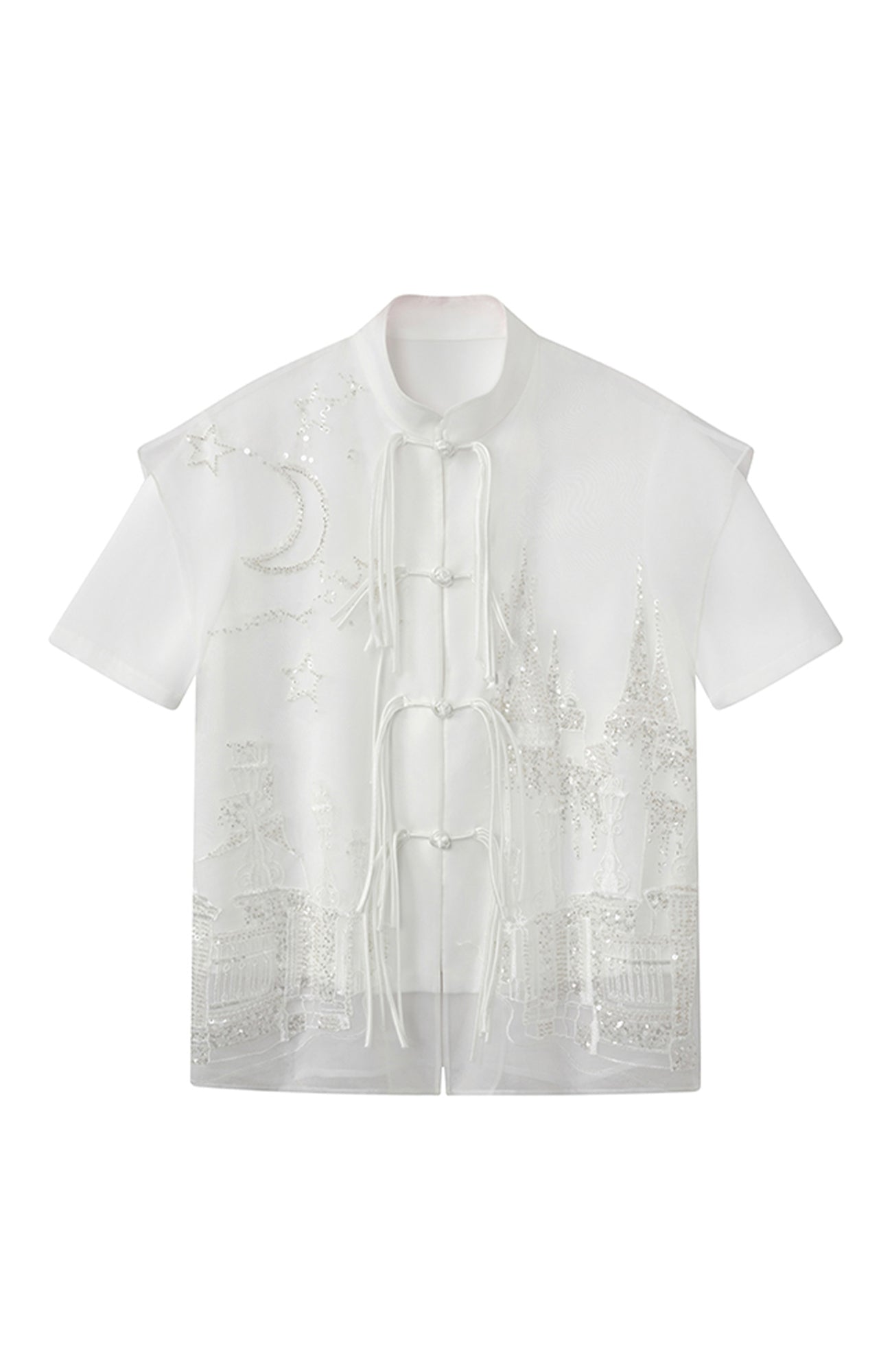 JIECHI Mandarin Embroidered Mesh Panel Half Shirt-Half shirt-M (Preorder)-Free Shipping Leatheretro