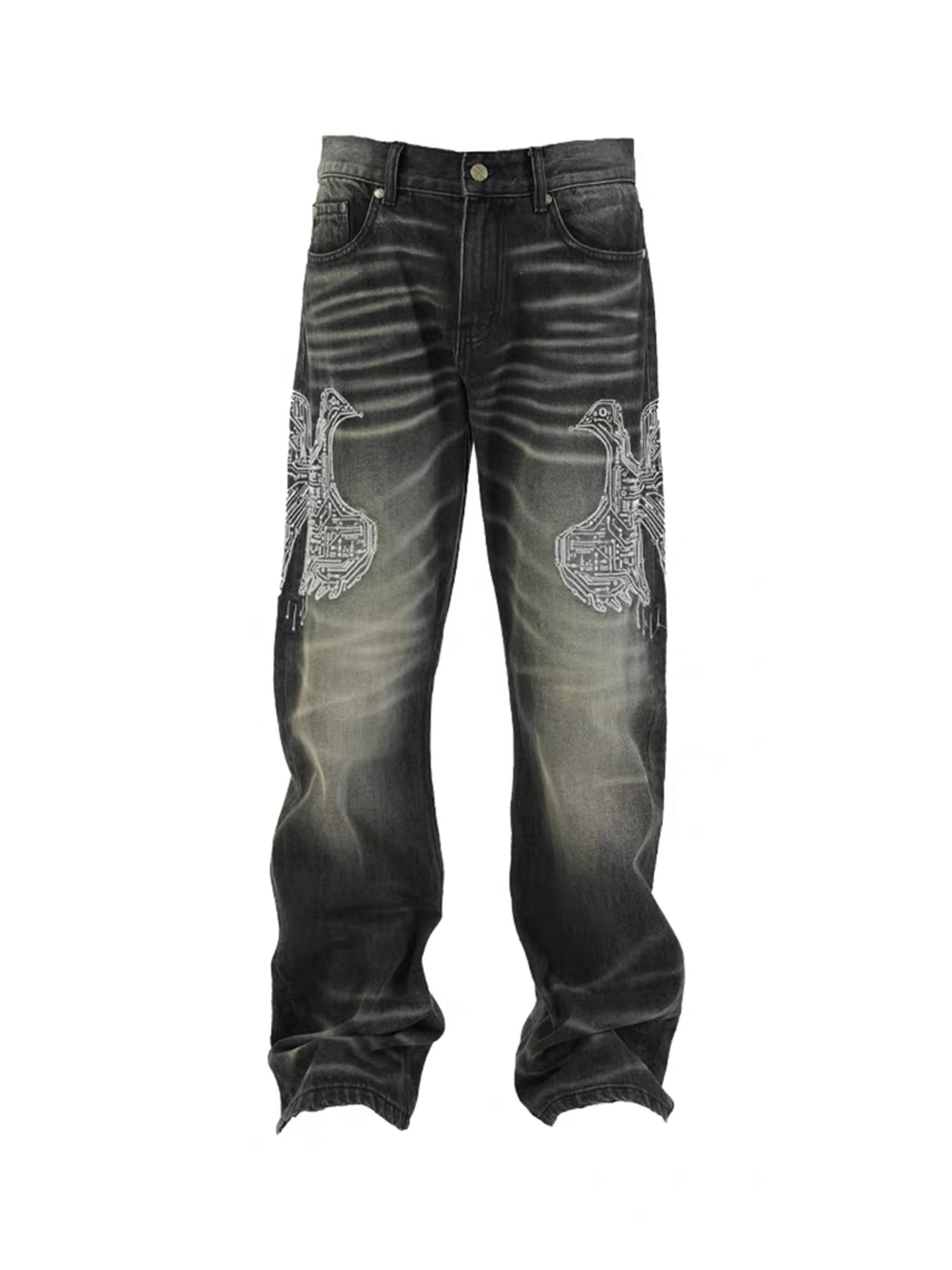 VINKID Faded Pigeon Embroidered Jeans-Jeans-S / 31"-Free Shipping Leatheretro