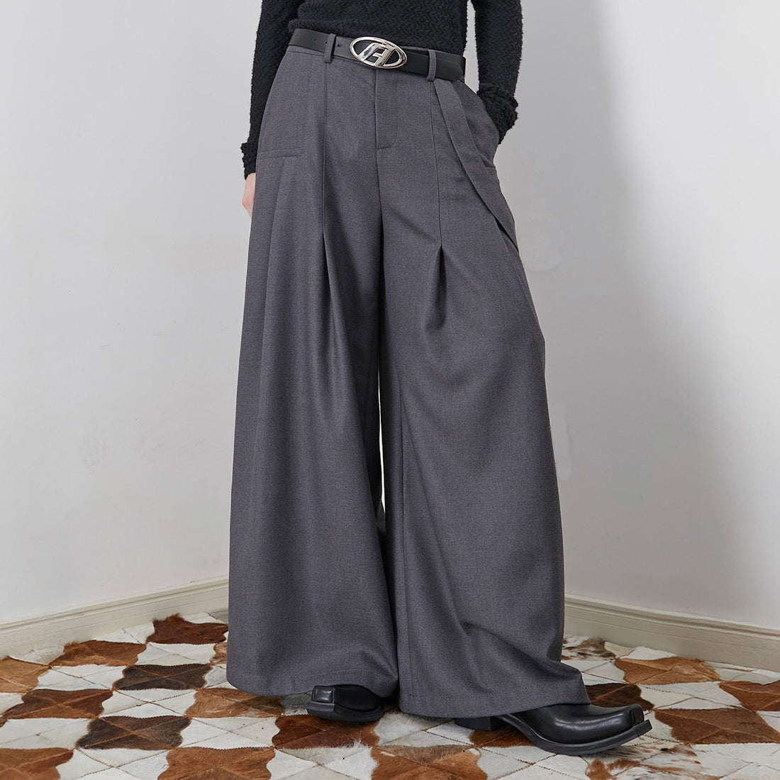 ASSEEN Asymmetrical Tab Pleated Wide-Leg Pants Gray-Pants-S-Free Shipping Leatheretro