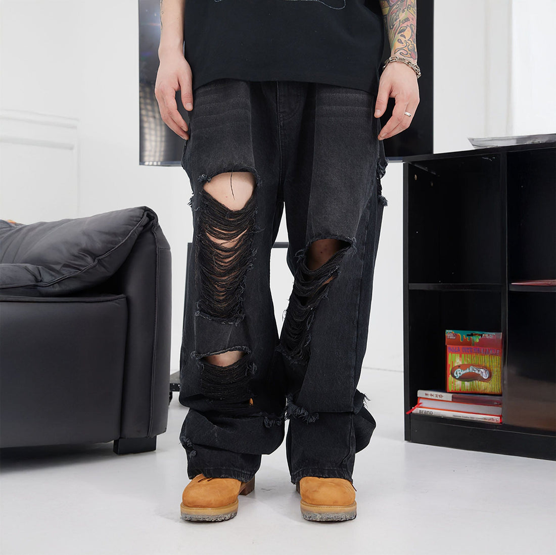 BLACK8MOB Heavy Ripped Washed Baggy Jeans-Jeans-S-Black-Free Shipping Leatheretro