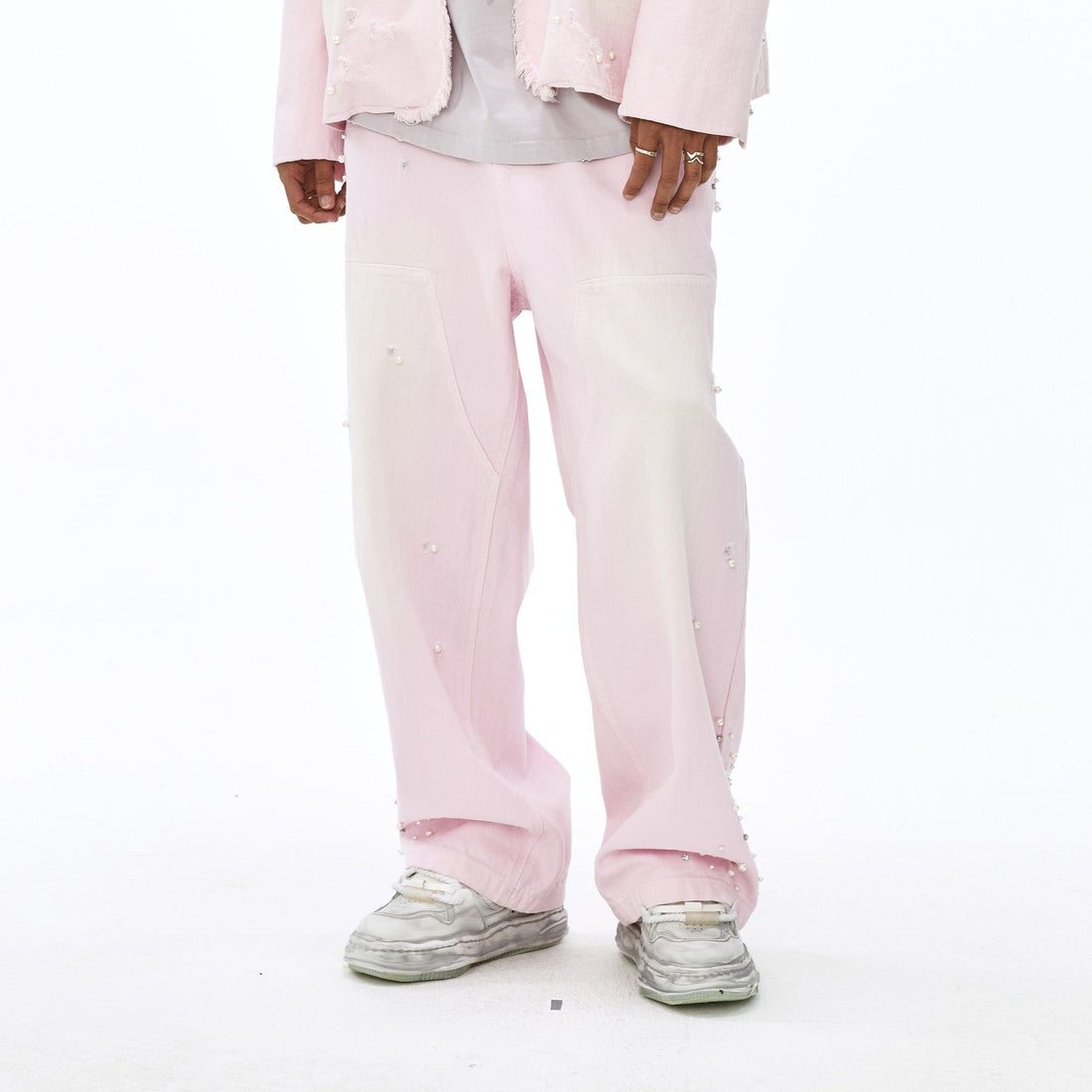 VANN VALRENCE Washed Beaded Double-Knee Trousers-Pants-S-Free Shipping Leatheretro
