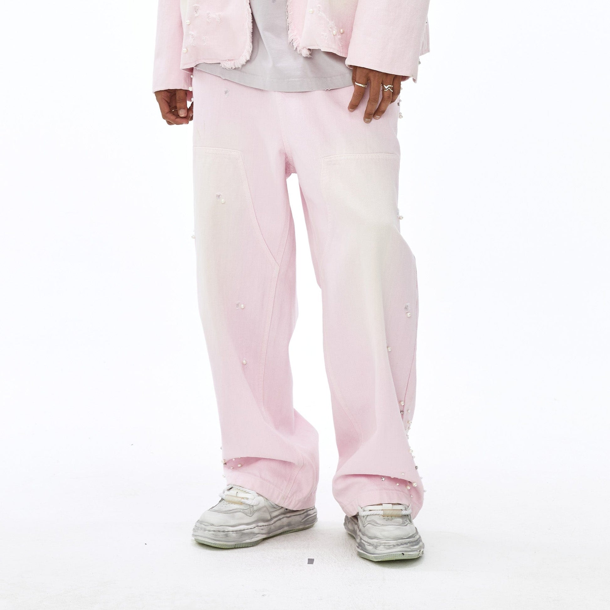 VANN VALRENCE Washed Beaded Double-Knee Trousers-Pants-S-Free Shipping Leatheretro