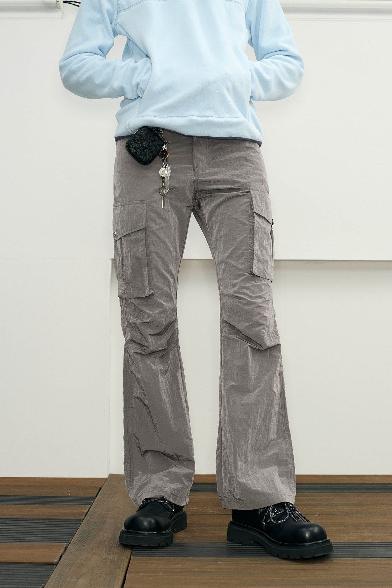 KREATE Liquid Metal Crinkled Flared Cargo-Pants-S-Grey-Free Shipping Leatheretro