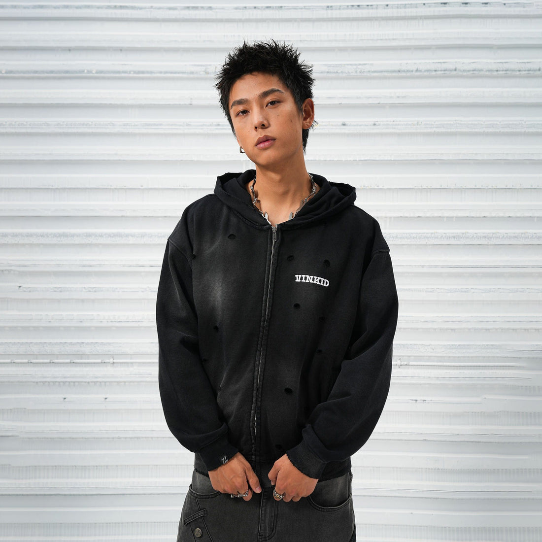 VINKID Distressed Worn Logo Zip Hooded Jacket-Jacket-Free Shipping Leatheretro
