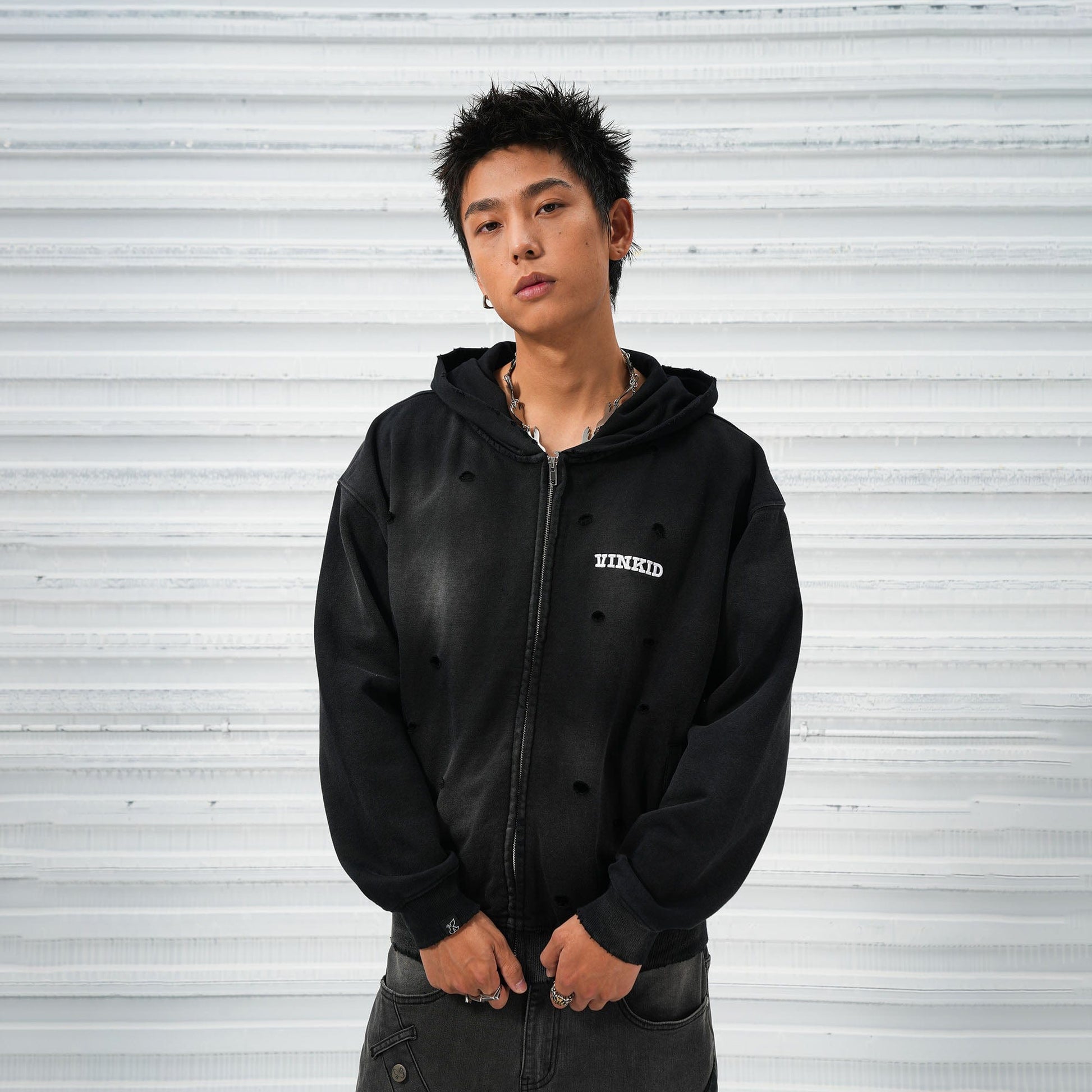 VINKID Distressed Worn Logo Zip Hooded Jacket-Jacket-Free Shipping Leatheretro