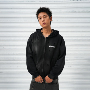 VINKID Distressed Worn Logo Zip Hooded Jacket-Jacket-Free Shipping Leatheretro