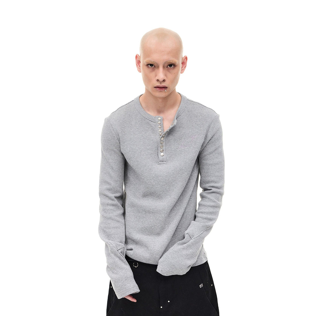 WHISTLEHUNTER Waffle-Knit Snap Henley Long-Sleeve Tee-L/S Tee-S-Gray-Free Shipping Leatheretro