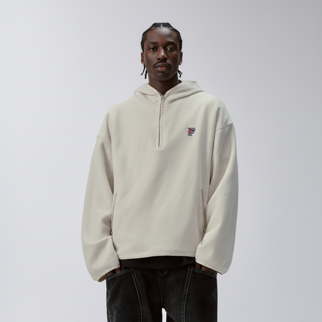 F2CE Embroidered LOGO Patch Half-Zip Fleece Hoodie-Hoodie-S-White-Free Shipping Leatheretro