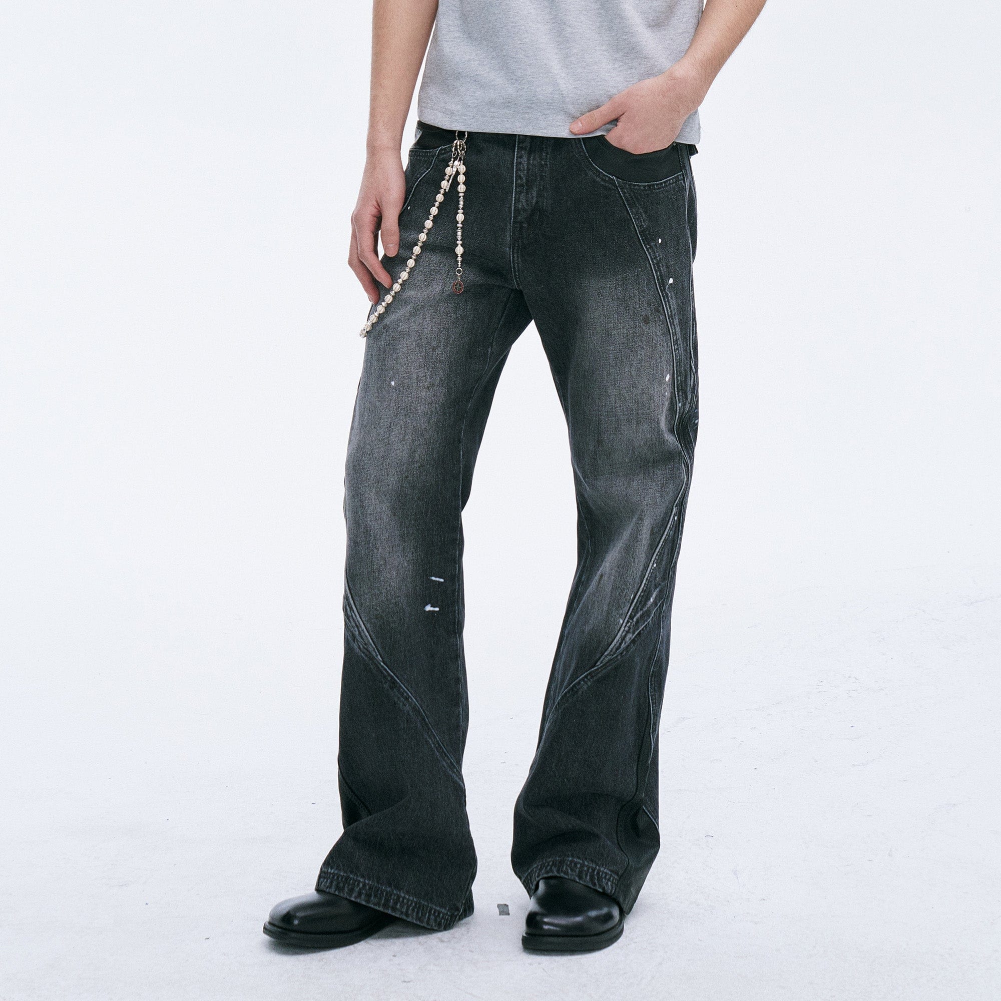 CATSSTAC Washed Panel Paint-Stain Wide-Leg Jeans-Jeans-M-Free Shipping Leatheretro