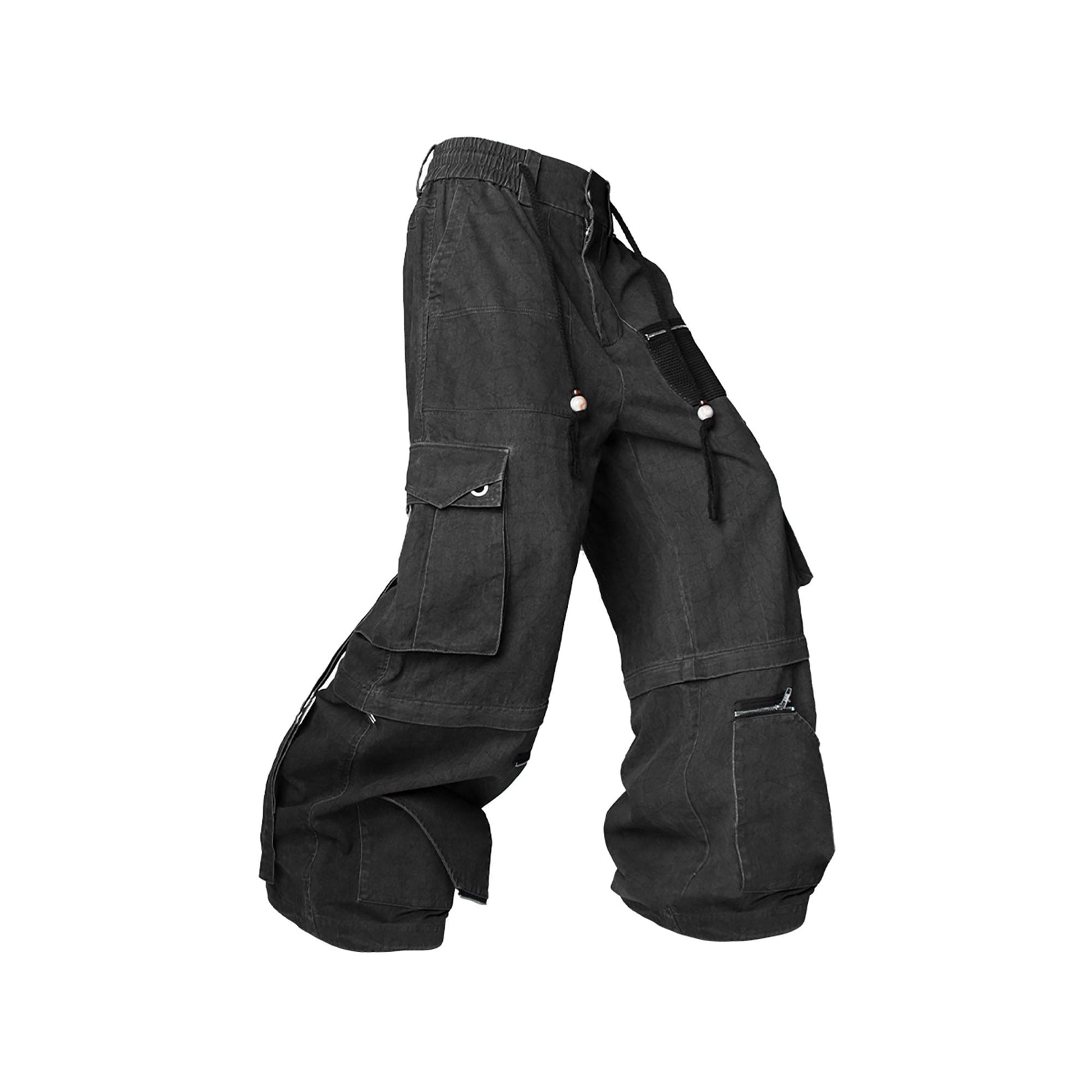 RELABEL Detachable Beaded Drawstring Cargo Black-Pants-XS-Free Shipping Leatheretro