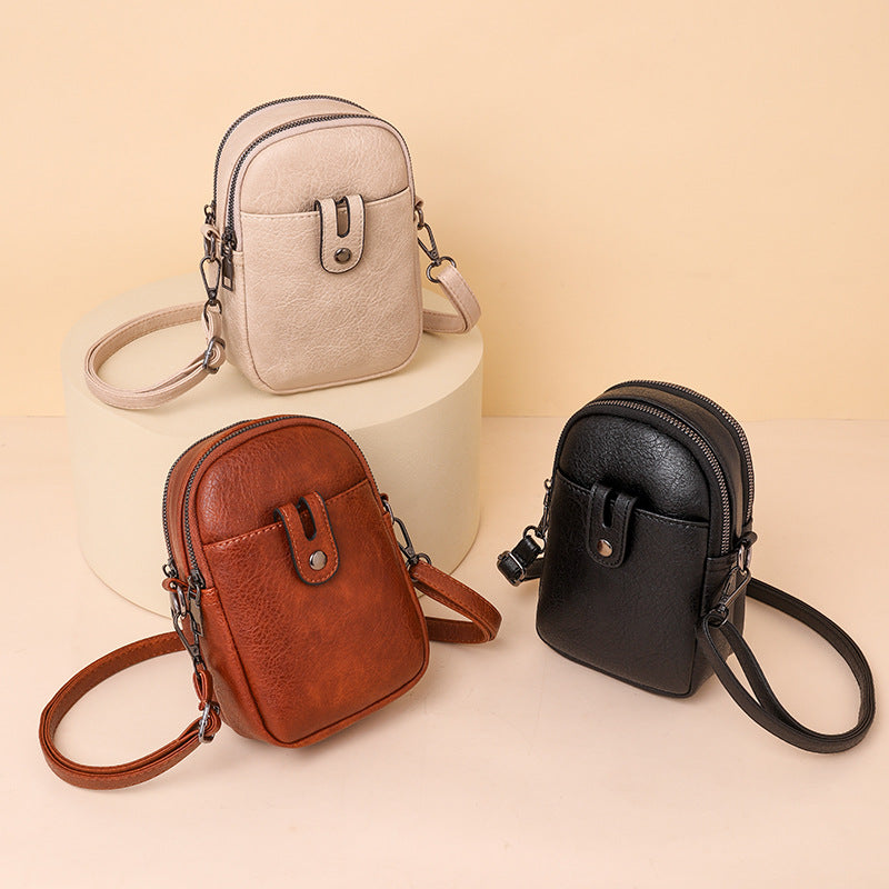 Double Zip Phone Crossbody Bag - Minimalist Phone Pouch-Crossbody Bag-Beige-Free Shipping Leatheretro