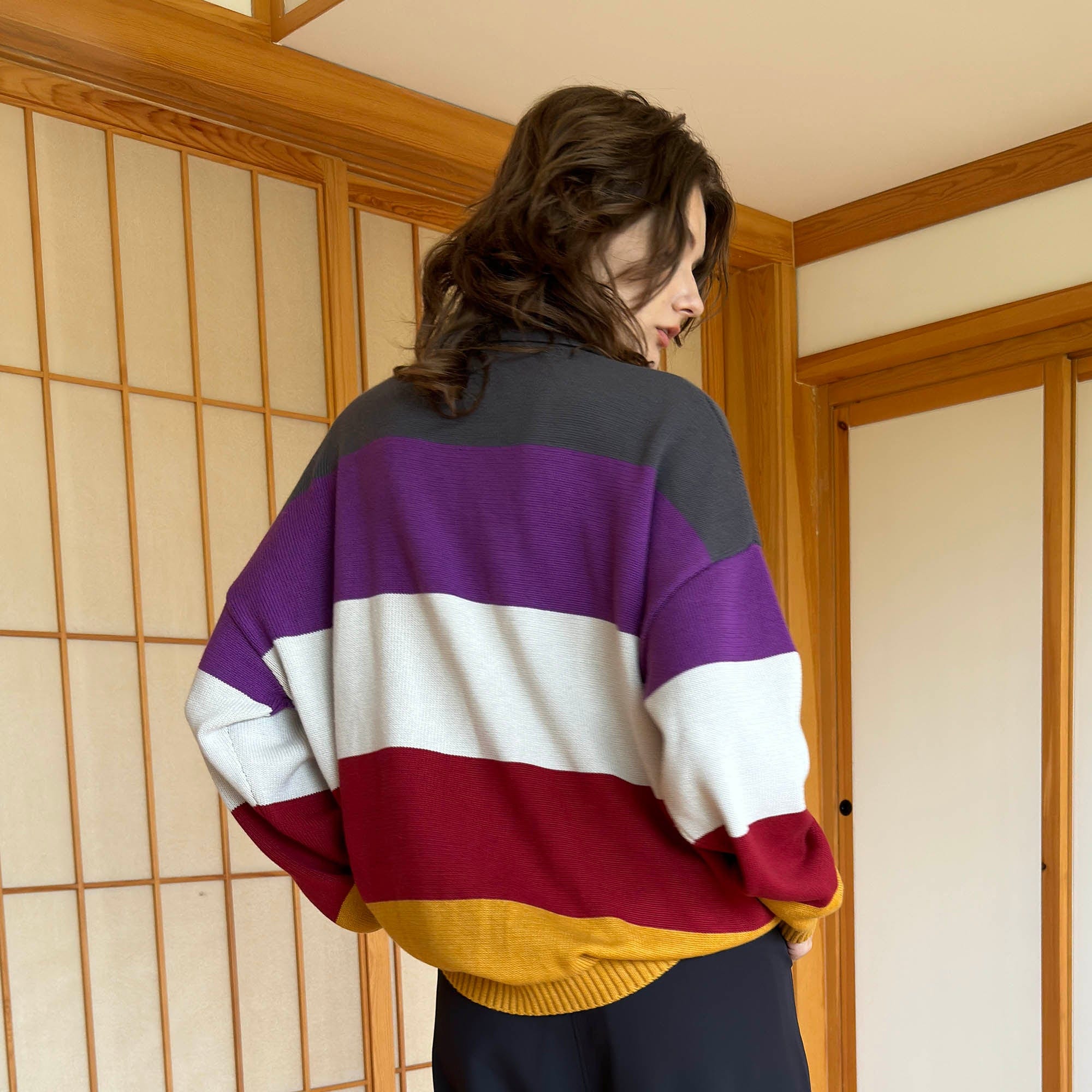 MIICHOUS Nature Magazine Wide-Stripe Polo Sweater-Sweater-S-Grey-Free Shipping Leatheretro
