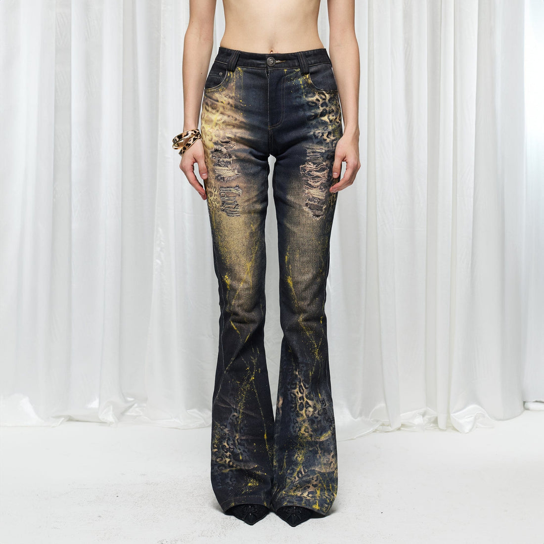 DND4DES¡ÁFaychui Distressed Leopard Splattered Flared Jeans-Jeans-S-Free Shipping Leatheretro