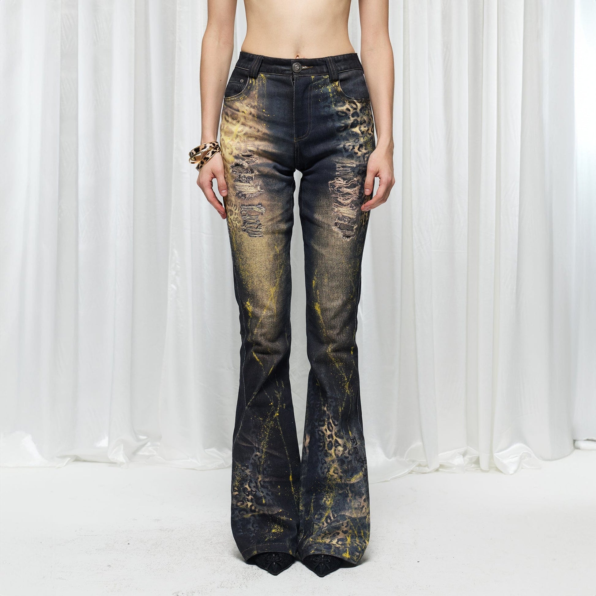DND4DES¡ÁFaychui Distressed Leopard Splattered Flared Jeans-Jeans-S-Free Shipping Leatheretro