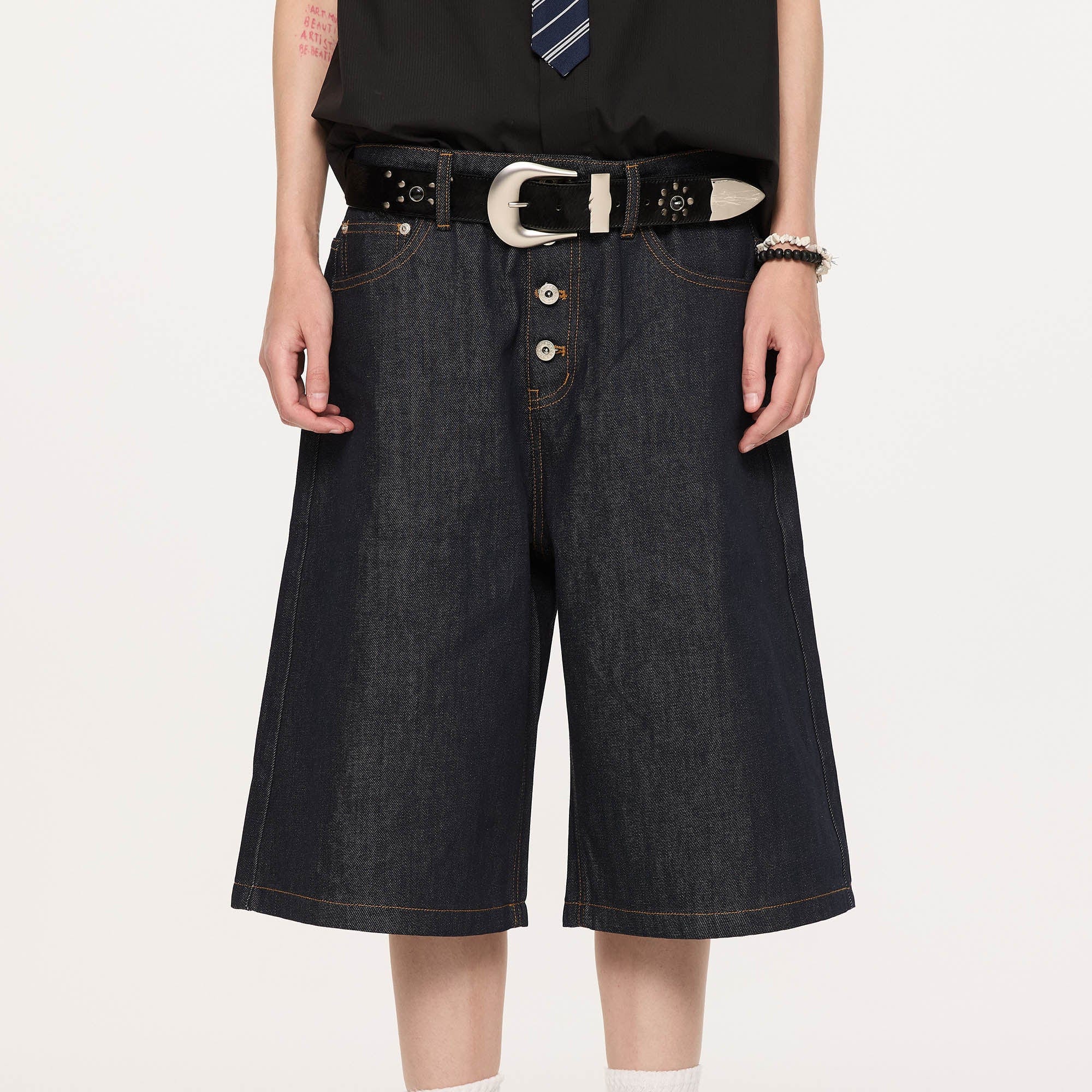 KREATE Essential Button-Up Stitched Denim Shorts-Shorts-S-Navy-Free Shipping Leatheretro