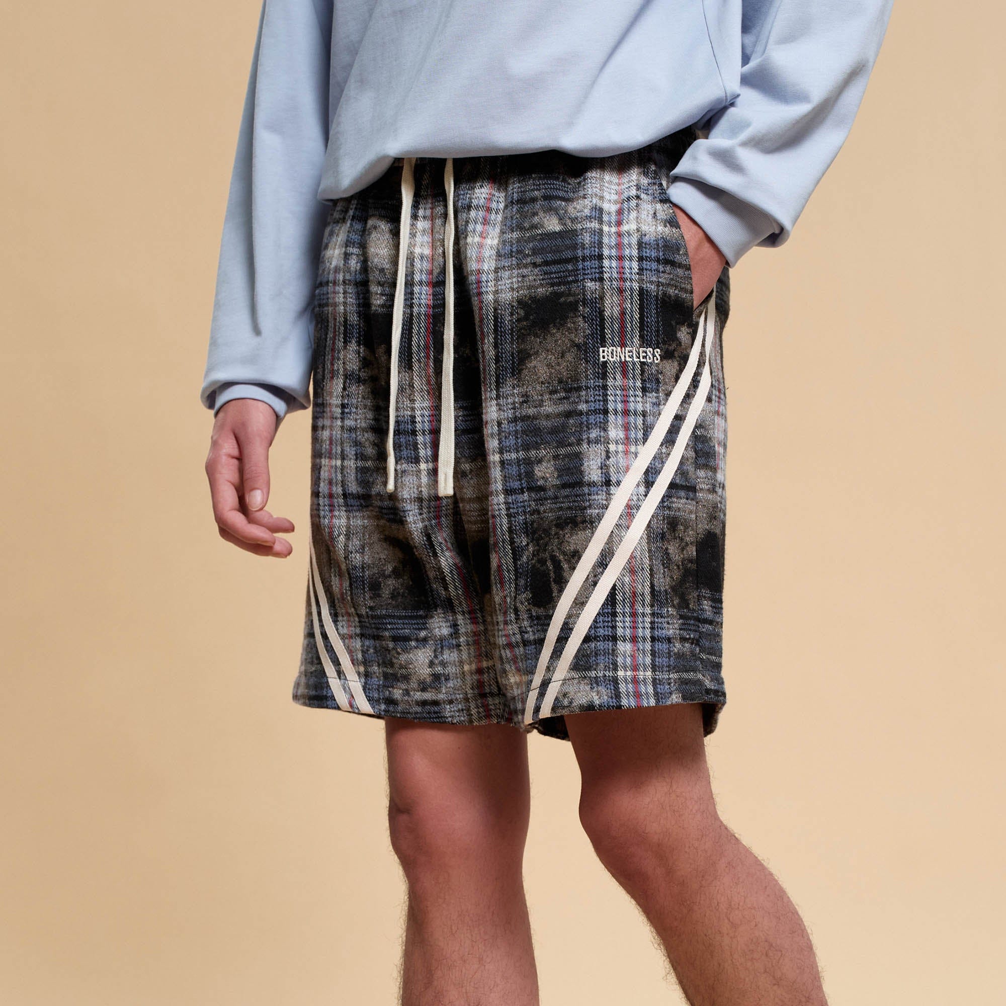 BONELESS Plaid Distressed Drawstring Shorts-Shorts-S-Blue-Free Shipping Leatheretro