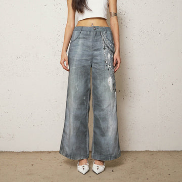 DND4DESxFaychui Pearl Chain Graphics Distressed Flared Jeans-Jeans-XS-Free Shipping Leatheretro