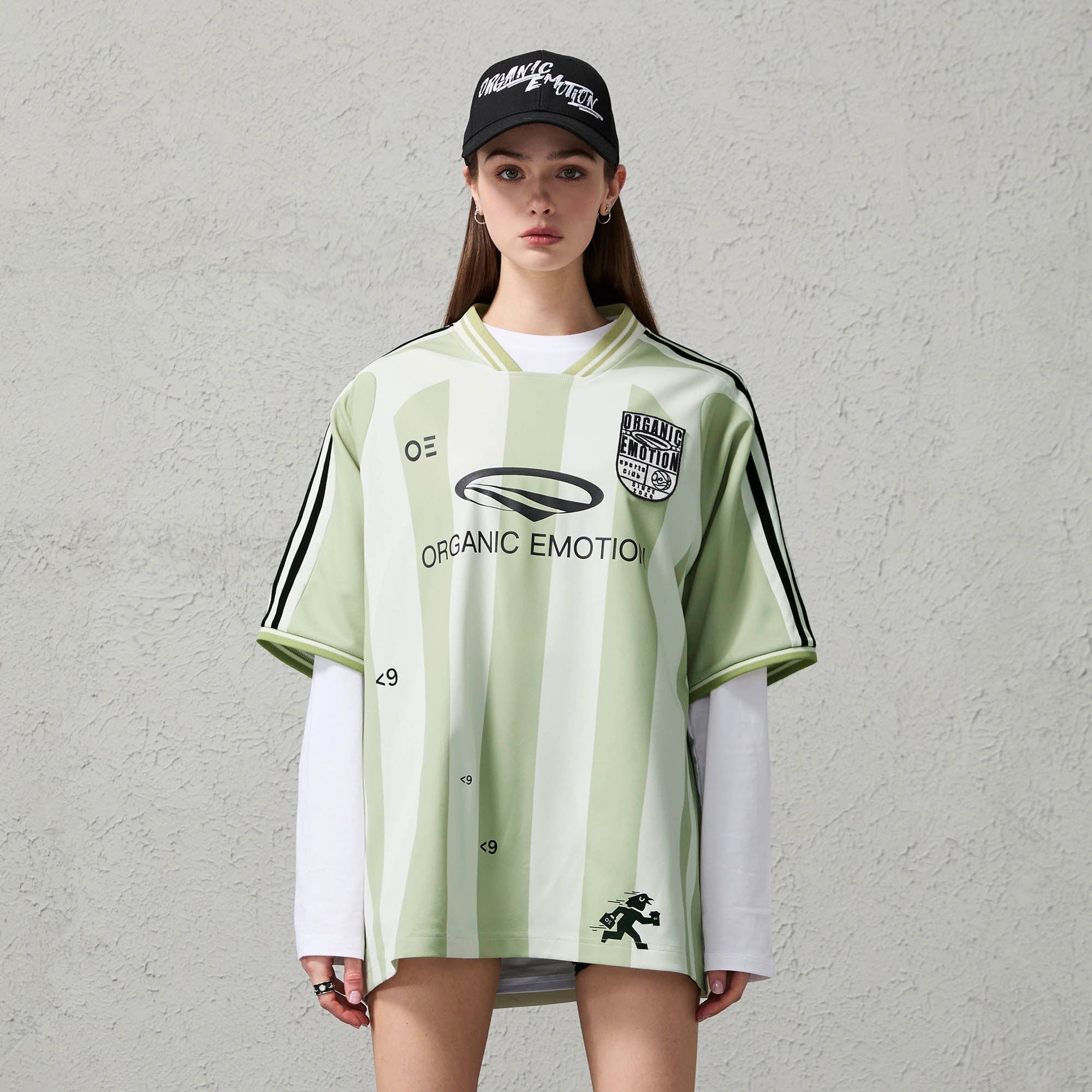 ORGANIC EMOTION Striped Badge Graphics Soccer Jersey-T Shirt-S-Green-Free Shipping Leatheretro