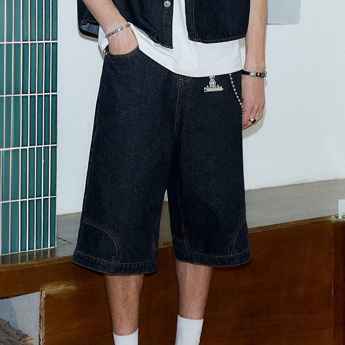 KREATE Inverted Denim Shorts-Shorts-S-Black-Free Shipping Leatheretro