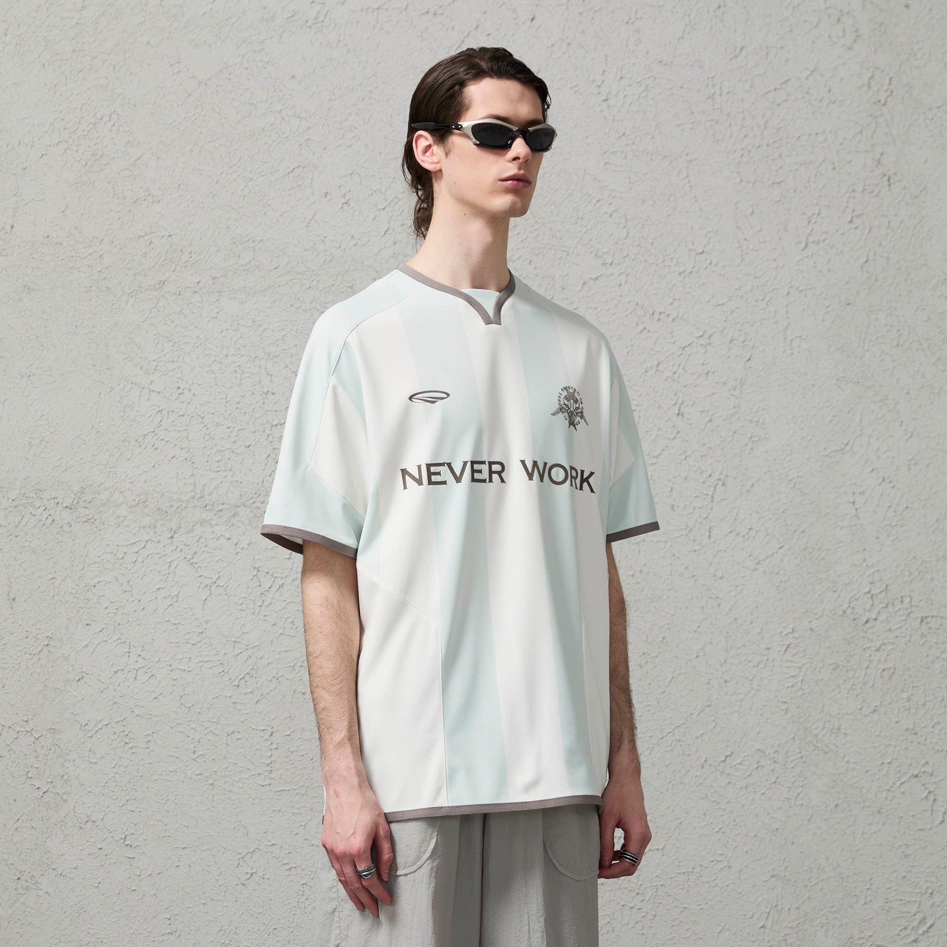ORGANIC EMOTION Never Work Slogan Stripes Spliced Jersey-T Shirt-S-Gray-Free Shipping Leatheretro