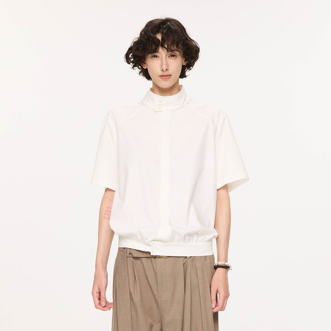 KREATE Harrington Stand-Collar Half Sleeve Shirt-Half shirt-S-Khaki-Free Shipping Leatheretro