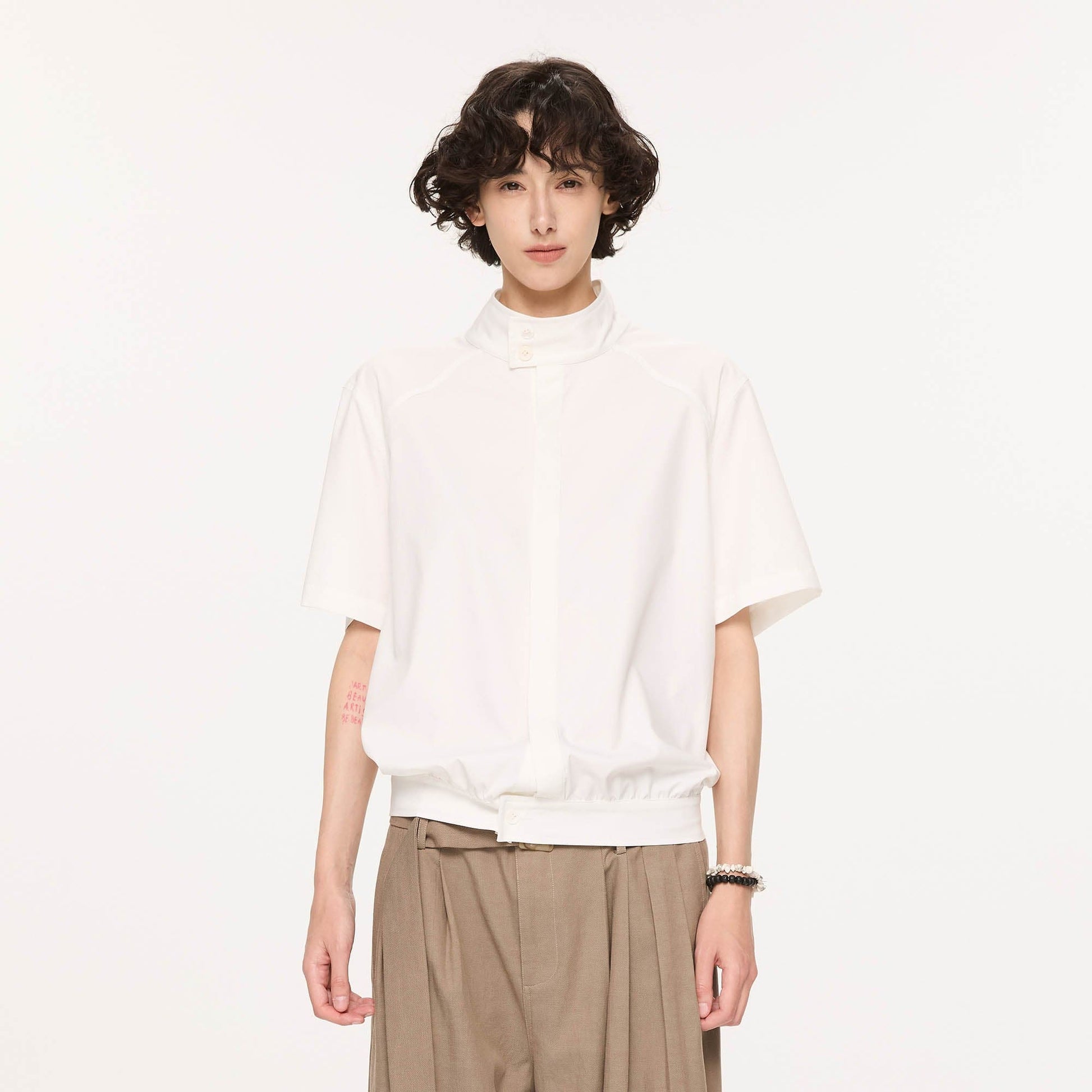 KREATE Harrington Stand-Collar Half Sleeve Shirt-Half shirt-S-White-Free Shipping Leatheretro