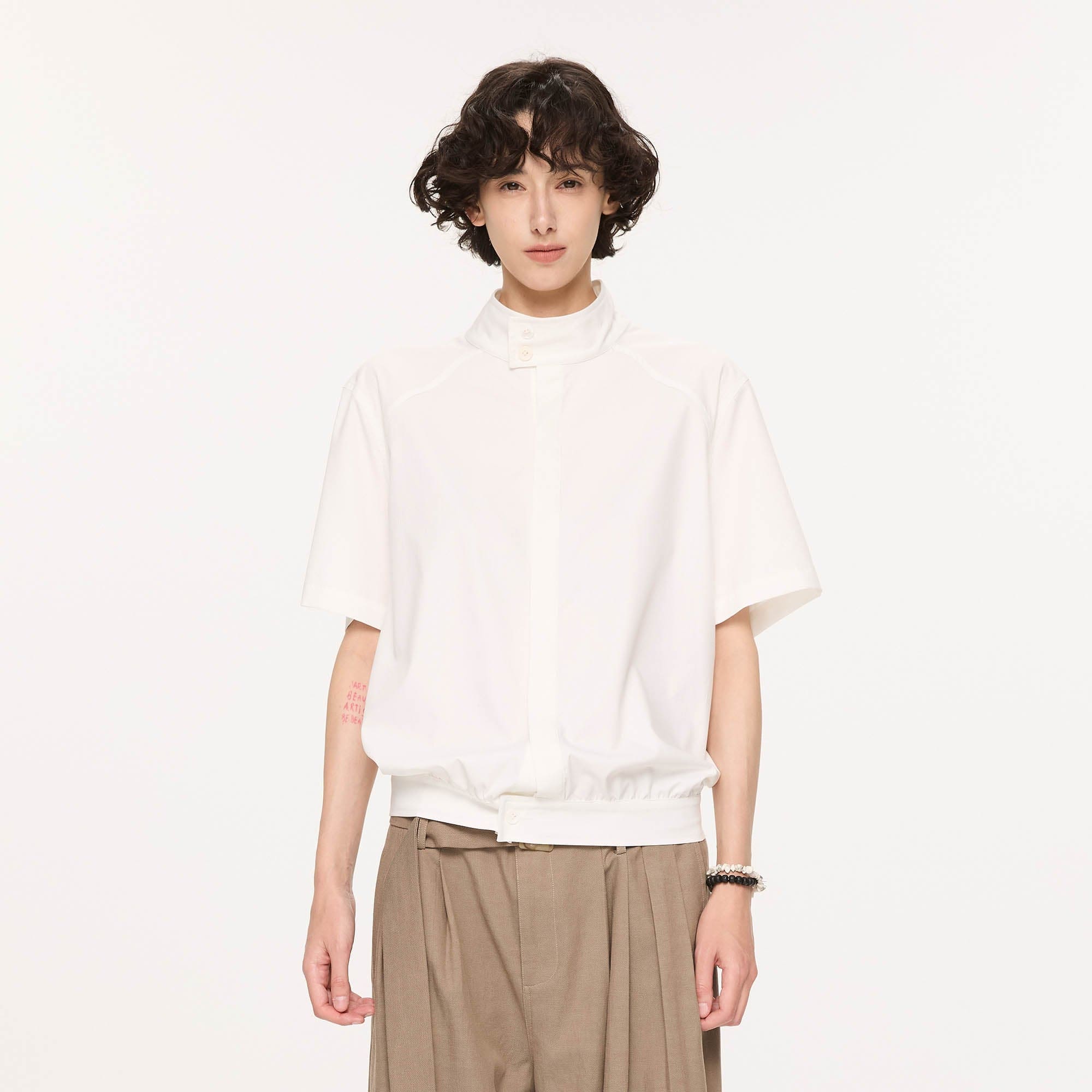 KREATE Harrington Stand-Collar Half Sleeve Shirt-Half shirt-S-White-Free Shipping Leatheretro