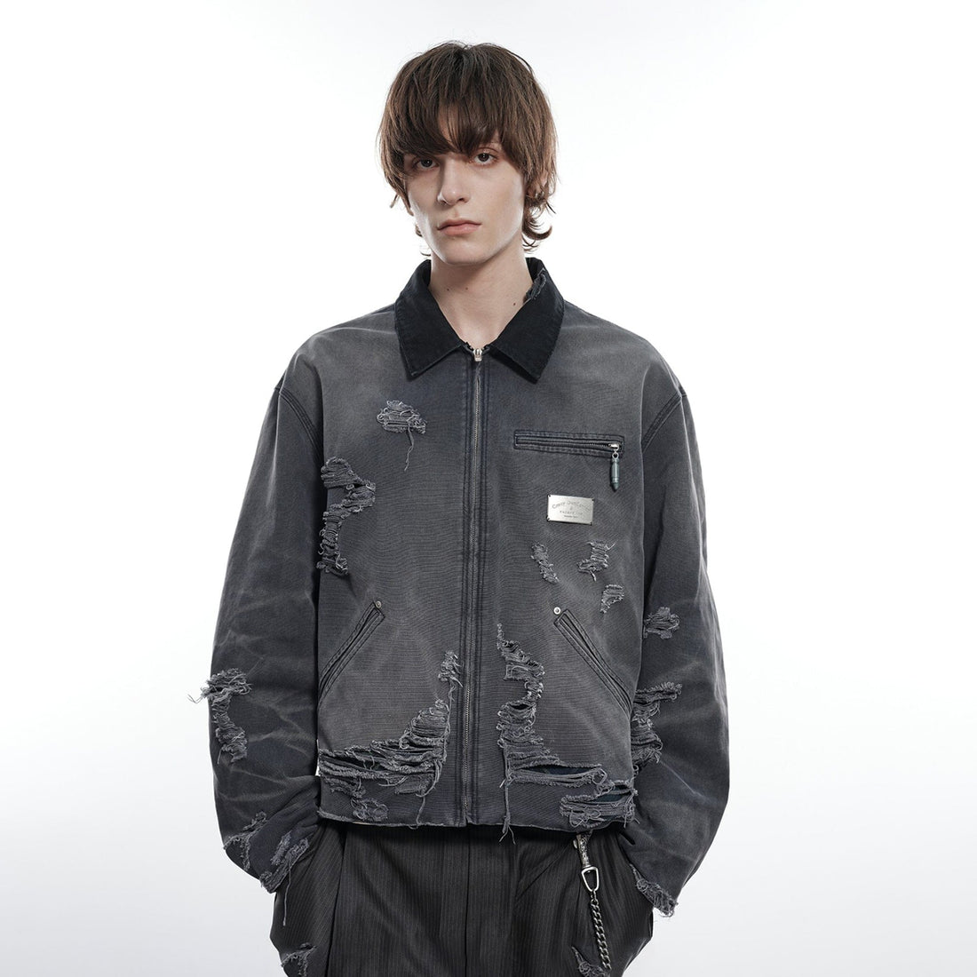 FACEONLAB Raw-Edge Ripped Rivet Metal Emblem Jacket Grey-Jacket-M-Free Shipping Leatheretro