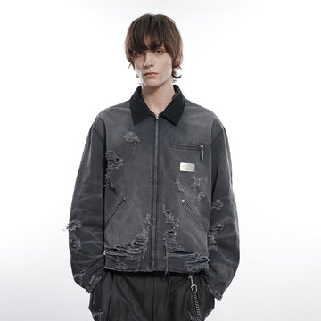 FACEONLAB Raw-Edge Ripped Rivet Metal Emblem Jacket Grey-Jacket-M-Free Shipping Leatheretro