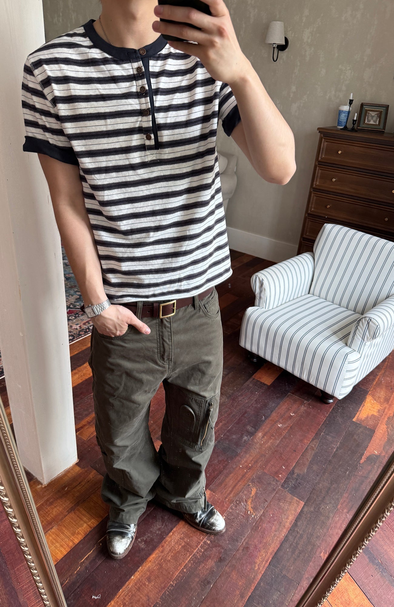 TRECLUB Stripe Henley T-Shirt-T Shirt-S (preorder)-Gray-Free Shipping Leatheretro