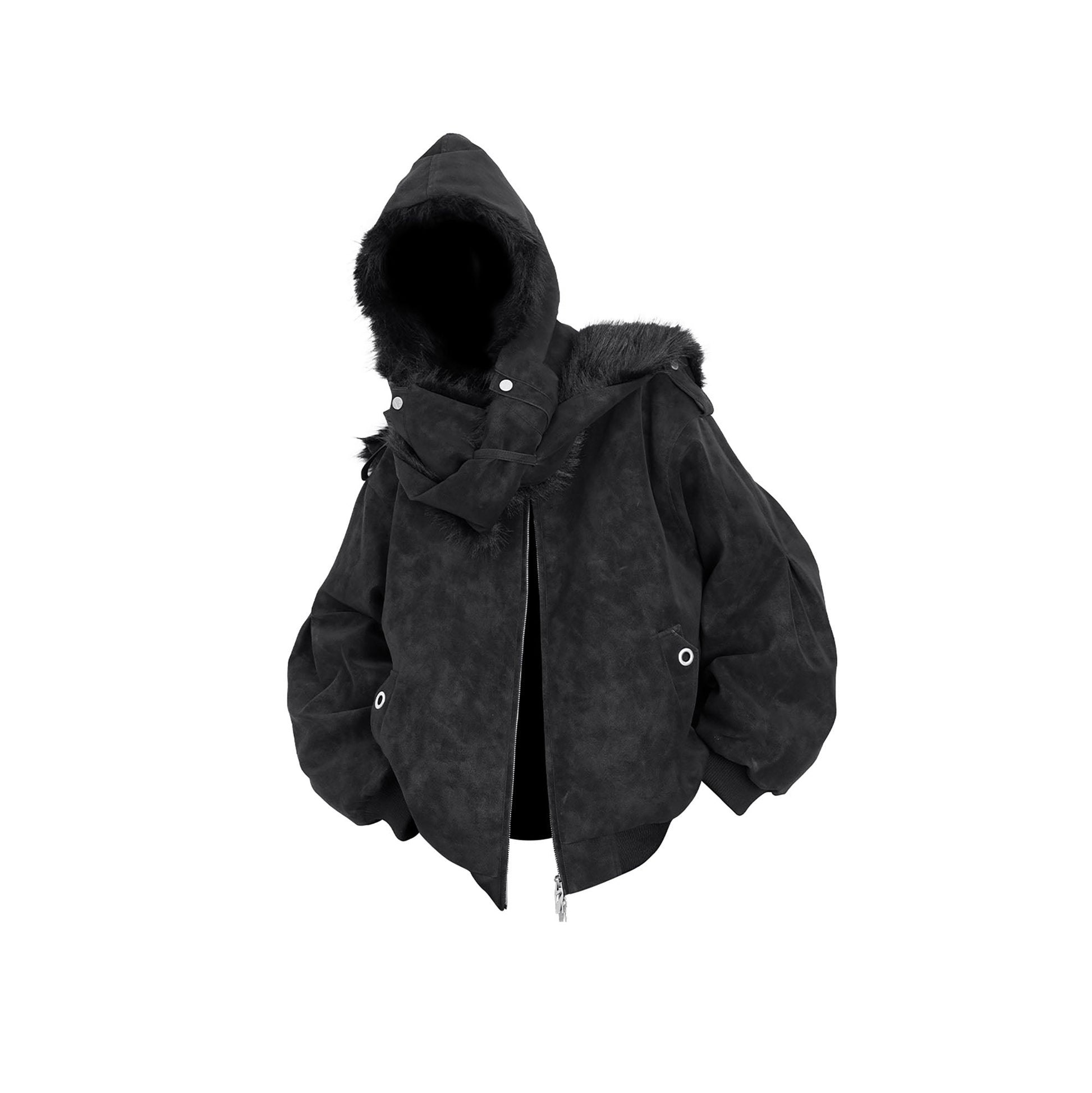 RELABEL Detachable Plush Scarf Hooded Suede Jacket Black-Jacket-XS-Free Shipping Leatheretro