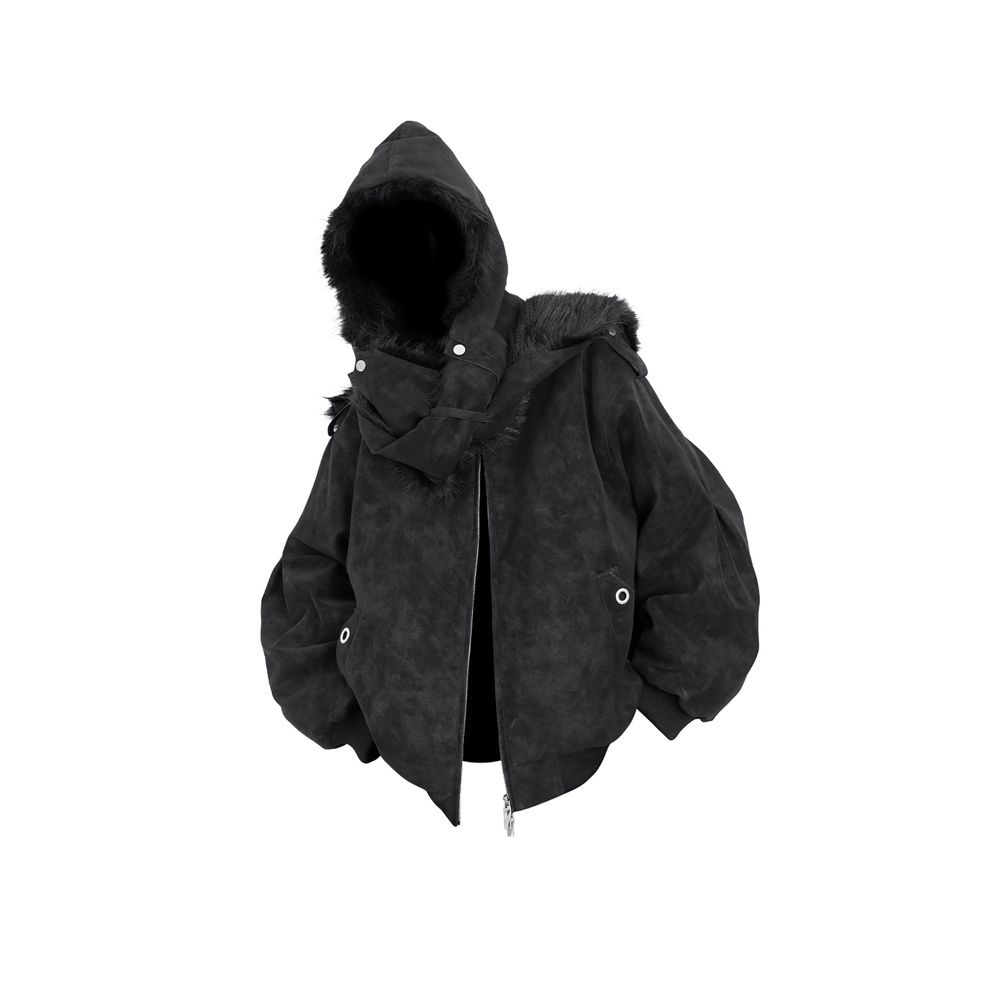 RELABEL Detachable Plush Scarf Hooded Suede Jacket Black-Jacket-XS-Free Shipping Leatheretro