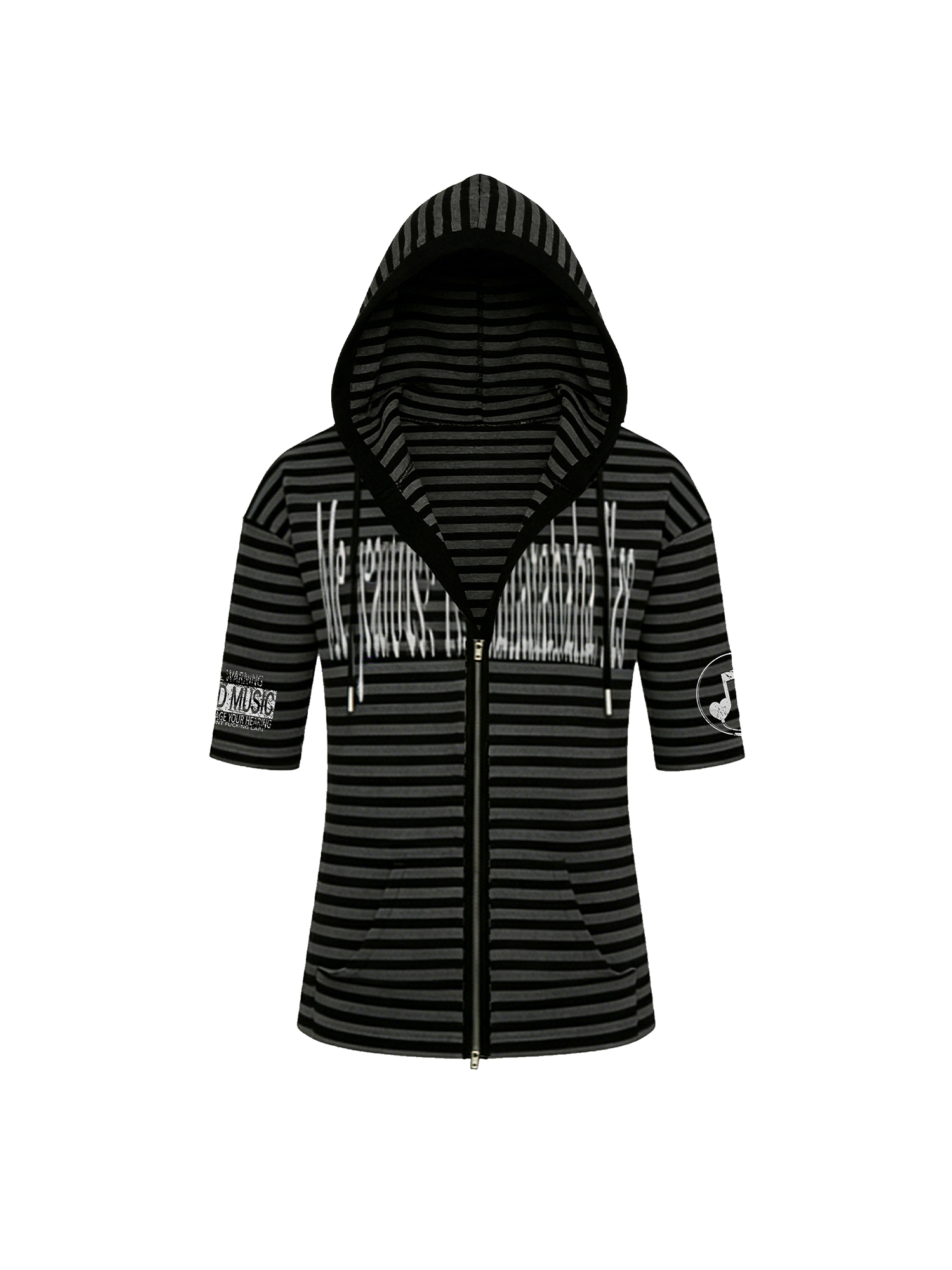 PAIKI Stripe Slogan Hooded Short-Sleeve Jacket-T Shirt-S-Black-Free Shipping Leatheretro