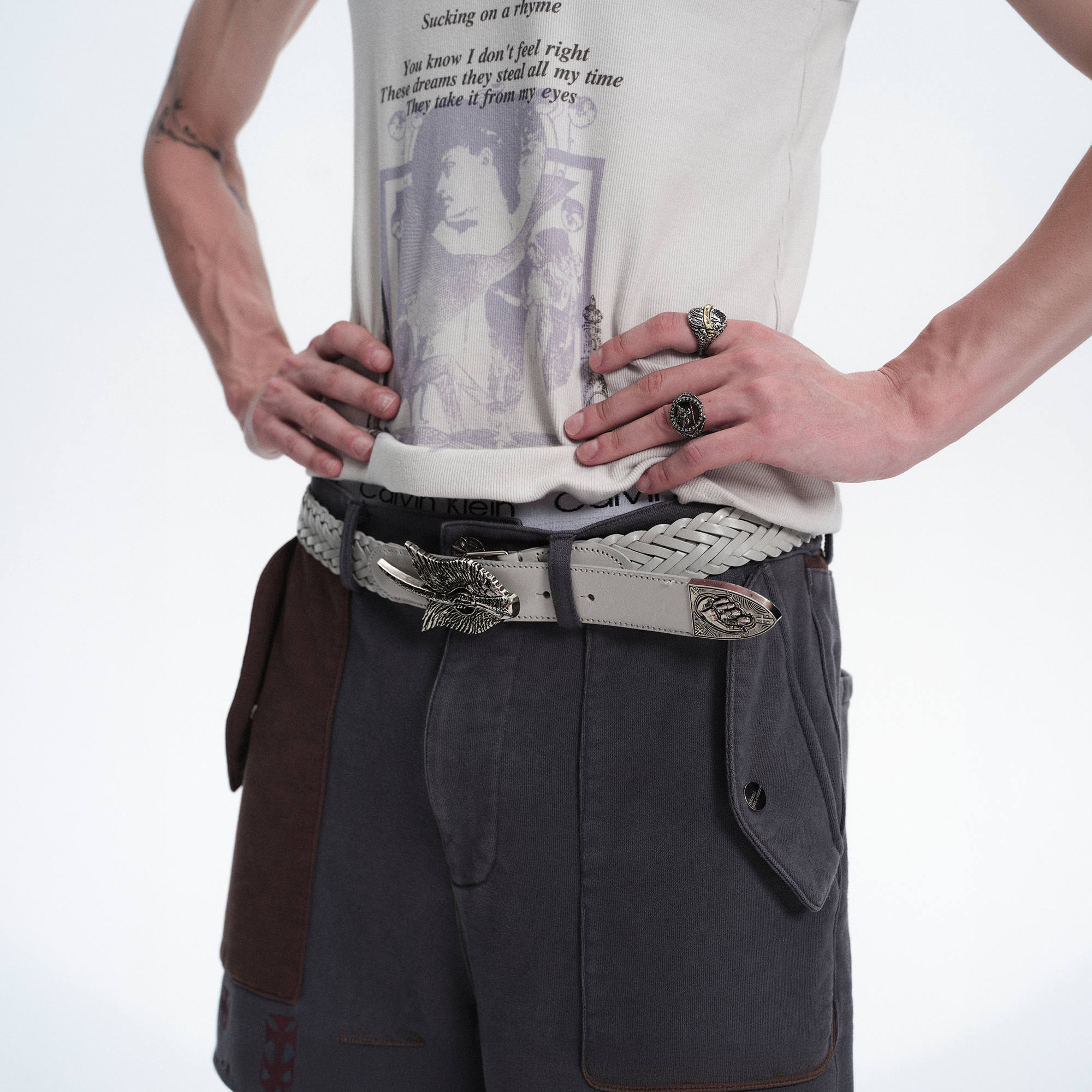 RICHILL Wing Emblem Braided Leather Belt-Belt-One Size-White-Free Shipping Leatheretro