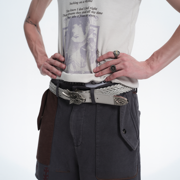 RICHILL Wing Emblem Braided Leather Belt-Belt-One Size-White-Free Shipping Leatheretro