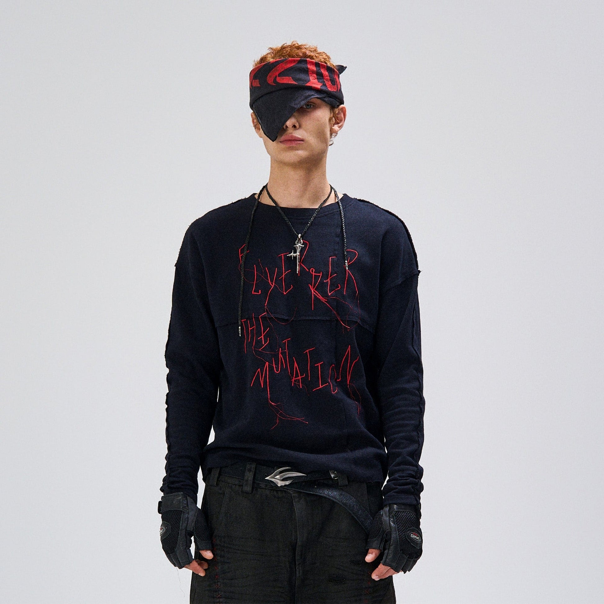 FLYERRER Cross-Panel Contrast Frayed Embroidered Long-Sleeve Tee-L/S Tee-S (Preorder)-Free Shipping Leatheretro