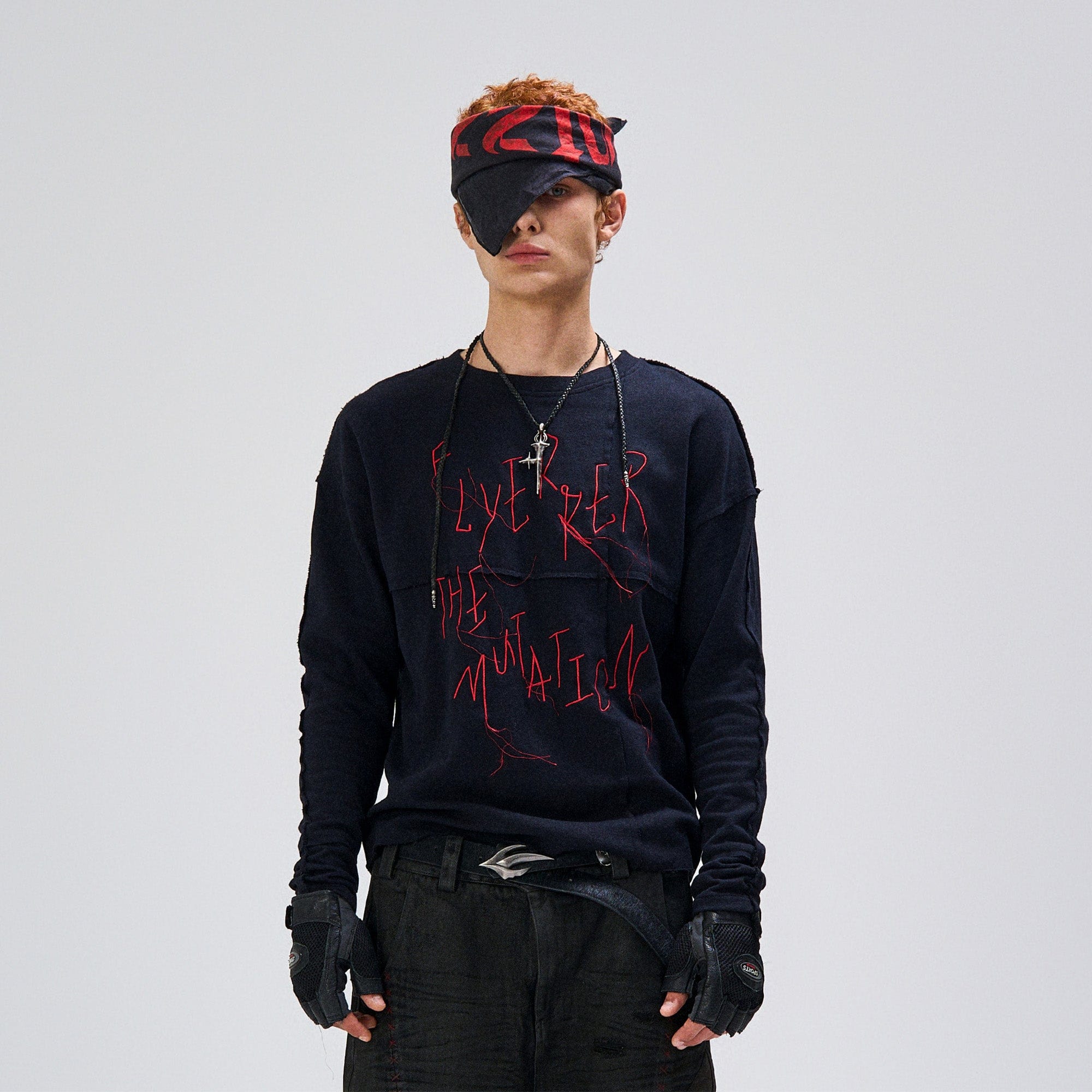 FLYERRER Cross-Panel Contrast Frayed Embroidered Long-Sleeve Tee-L/S Tee-S (Preorder)-Free Shipping Leatheretro