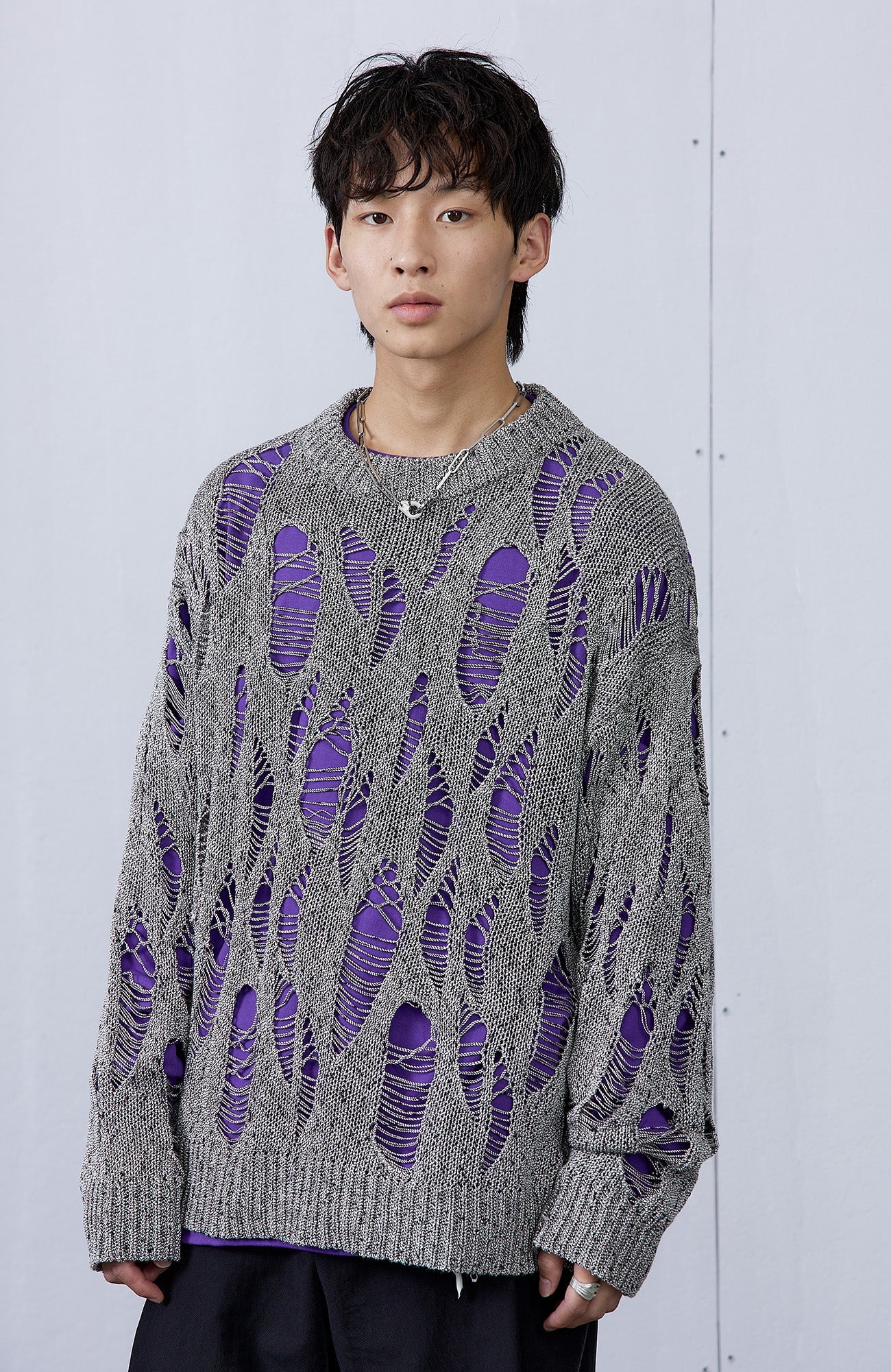 ROARINGWILD A ARCH Distressed Hollowed-Knit Sweater-Sweater-XS-Gray-Free Shipping Leatheretro