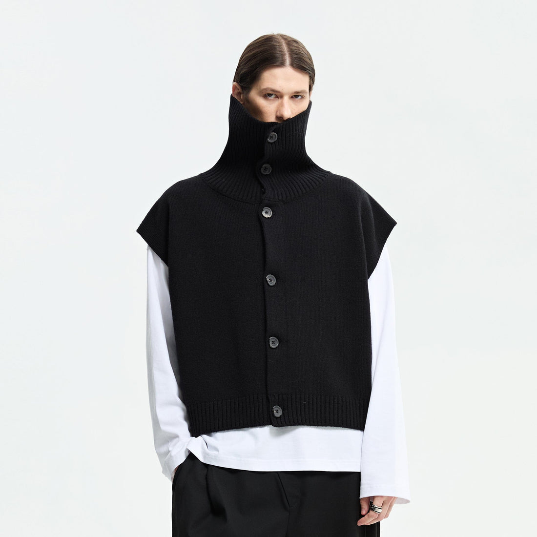 ORGANIC EMOTION Classic Knitted High Collar Button Vest-Vest-S-Free Shipping Leatheretro