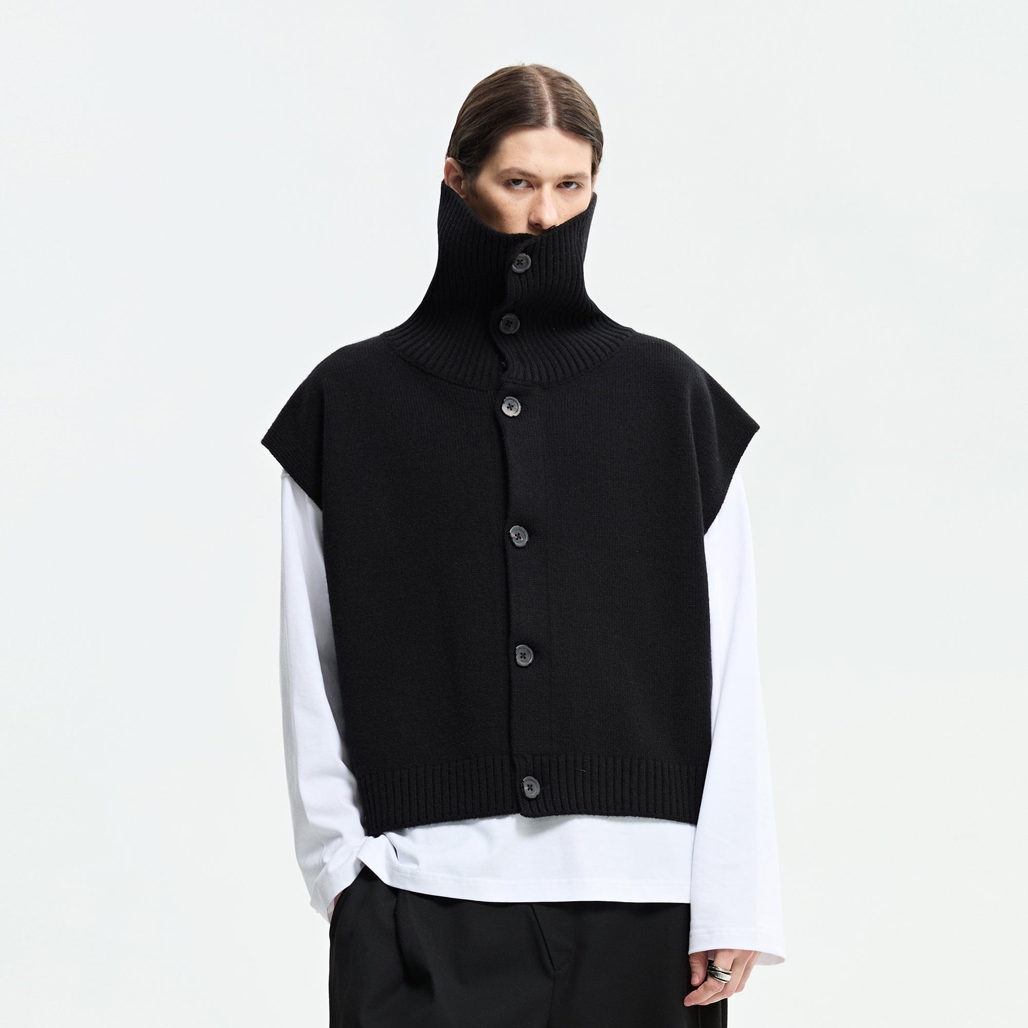 ORGANIC EMOTION Classic Knitted High Collar Button Vest-Vest-S-Free Shipping Leatheretro