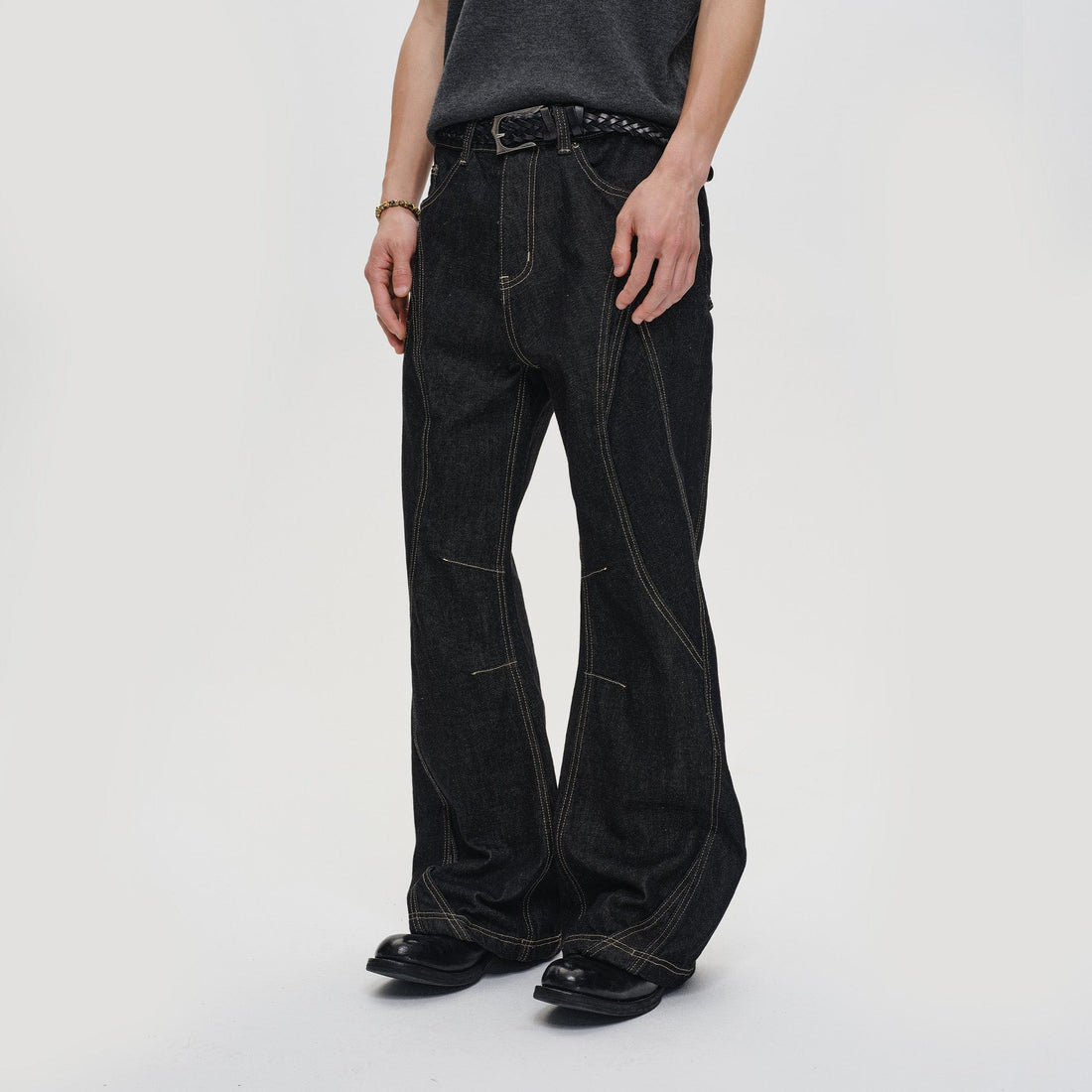 CATSSTAC Curved Panel Stitch Straight-Leg Raw Jeans-Jeans-M-Free Shipping Leatheretro