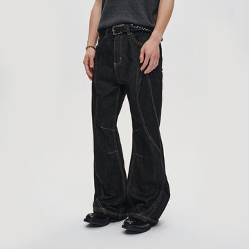 CATSSTAC Curved Panel Stitch Straight-Leg Raw Jeans-Jeans-M-Free Shipping Leatheretro