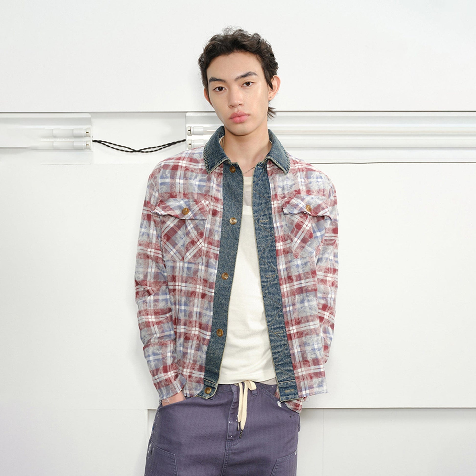 KREATE Denim Spliced Macarons Jacket-Shirt-S-Red-Free Shipping Leatheretro