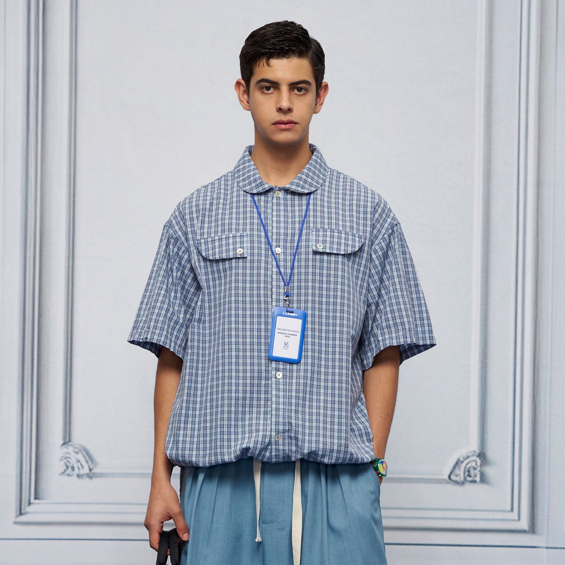 UNLIMITED MOTE Drawstring Hem Plaid Peter Pan Collar Half Shirt-Half shirt-XS-Blue-Free Shipping Leatheretro