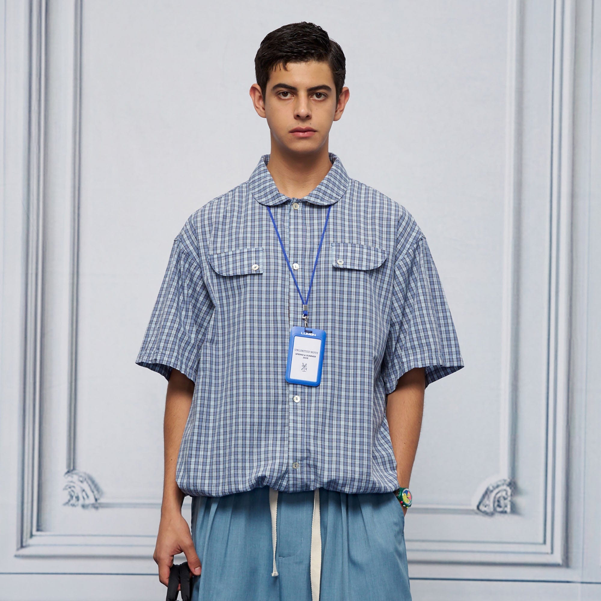 UNLIMITED MOTE Drawstring Hem Plaid Peter Pan Collar Half Shirt-Half shirt-XS-Blue-Free Shipping Leatheretro