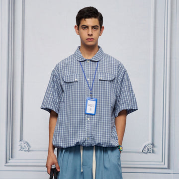 UNLIMITED MOTE Drawstring Hem Plaid Peter Pan Collar Half Shirt-Half shirt-XS-Blue-Free Shipping Leatheretro