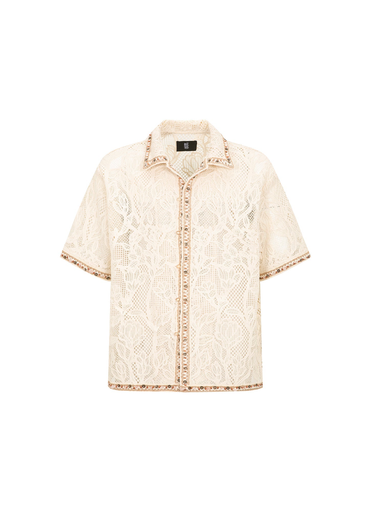 TUIMU Beaded Trim Open-Knit Jacquard Half Shirt-Shirt-S (Preorder)-Free Shipping Leatheretro