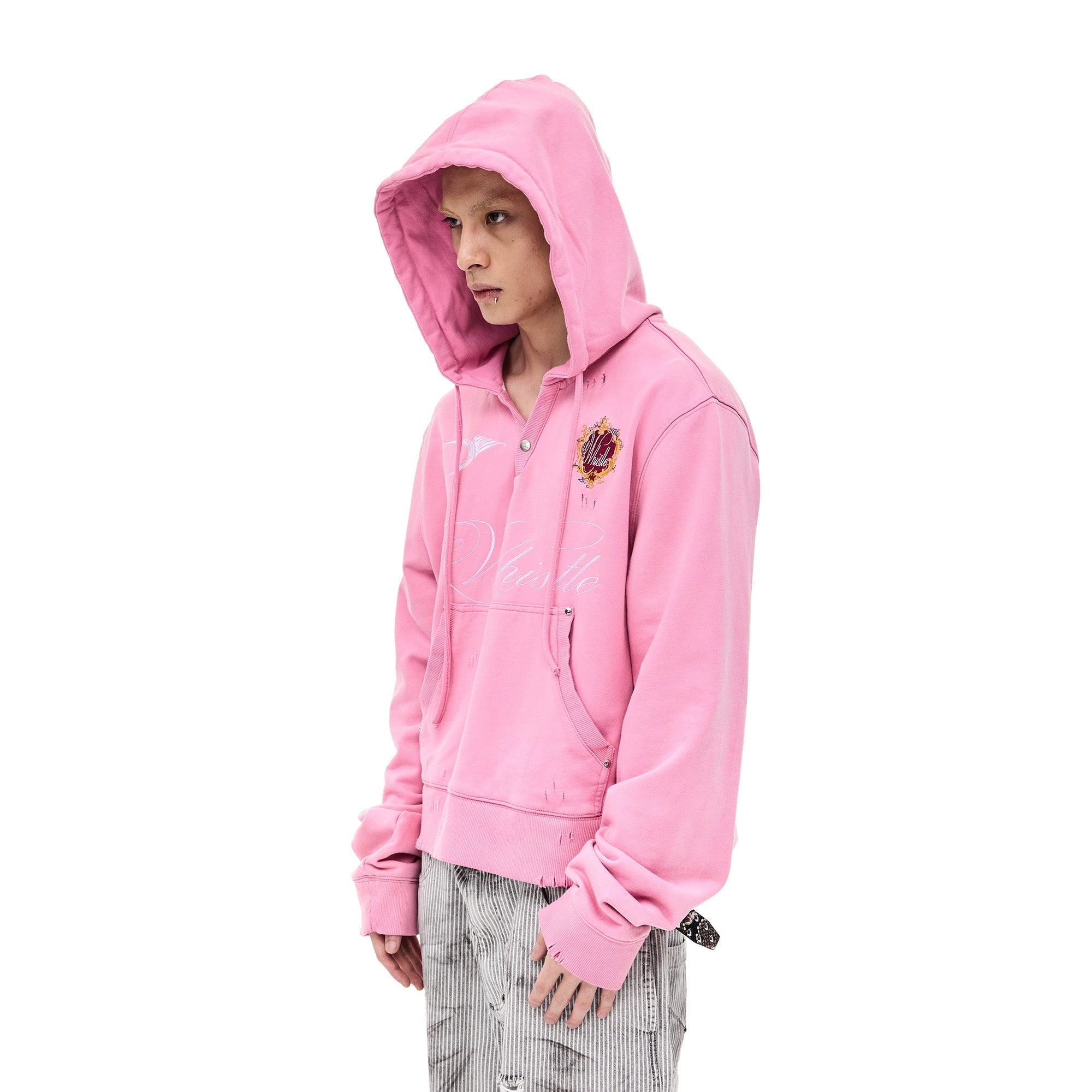 WHISTLEHUNTER Distressed Embroidered V-Neck Hoodie-Hoodie-S-Green-Free Shipping Leatheretro